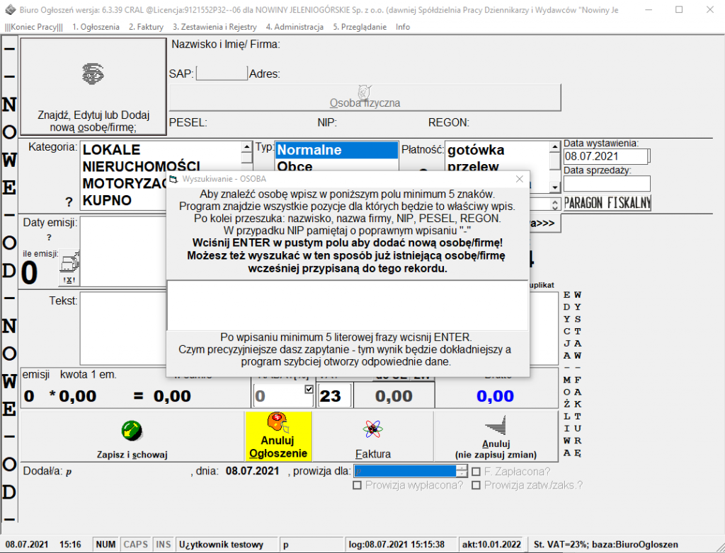 Zrzut ekranowy  program do biura ogłoszeń, na którym przedstawiono główne parametry występujące przy zakładaniu nowego ogłoszenia.